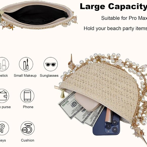 Summer Ready Hand-Woven Straw Handbag with Zipper - Perfect for Travel & Parties - Picture 3 of 6